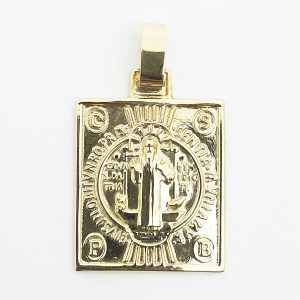 Medalha de São Bento Retangular Placa Dupla em Ouro 18K